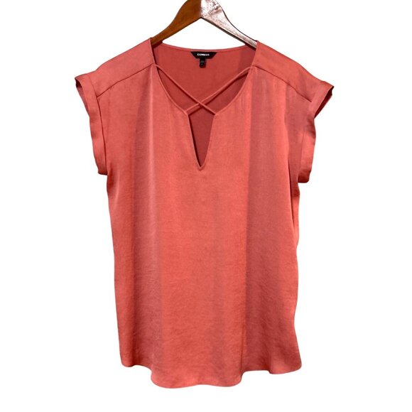 Express Tops - Express Coral Crisscross V-Neck Cap Sleeve Womens Top Size M 100% Polyester